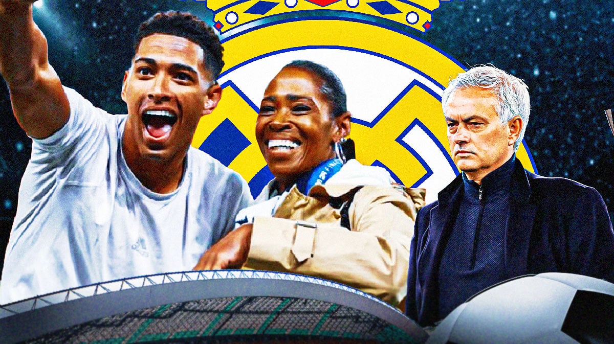 Jude Bellingham and his mom next to Jose Mourinho, the Real Madrid logo behind them