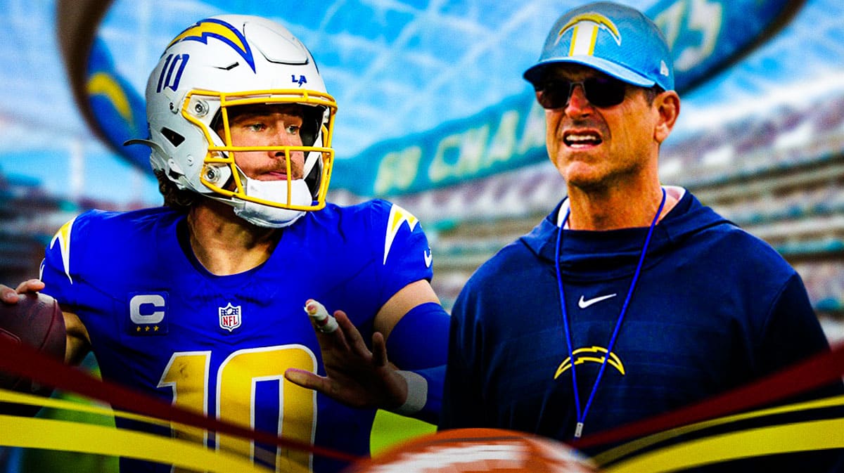 Justin Herbert and Jim Harbaugh with Chargers stadium in background