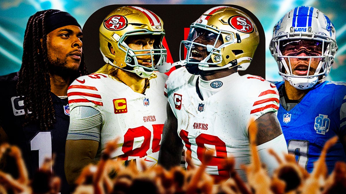 San Francisco 49ers tight end George Kittle and wide receiver Deebo Samuel with Las Vegas Raiders wide receiver Davante Adams and Detroit Lions wide receiver Amon-Ra St. Brown. There is also a logo for Netflix.