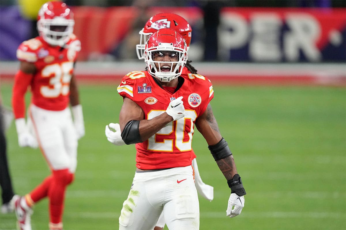 Kansas City Chiefs safety Justin Reid (20) reacts after a play against the San Francisco 49ers during the second quarter of Super Bowl LVIII at Allegiant Stadium. 