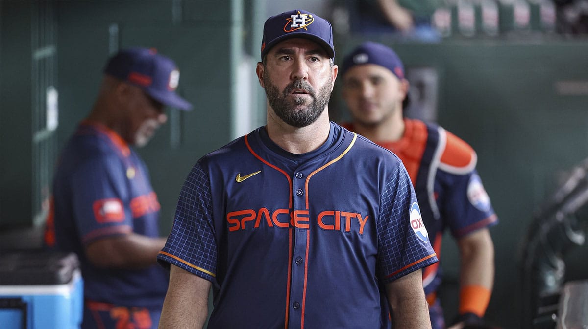 Houston Astros starting pitcher Justin Verlander (35) walks in the dugout before the game against the St. Louis Cardinals at Minute Maid Park. 