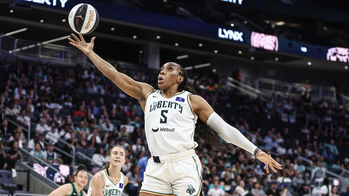 New York Liberty forward Kayla Thornton (5) grabs a rebound against the Minnesota Lynx in the first quarter of the Commissioner’s Cup Championship game at UBS Arena.