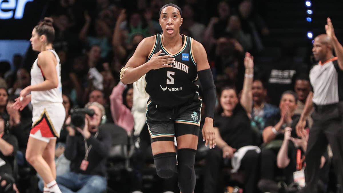 New York Liberty forward Kayla Thornton (5) reacts after making a three point shot
