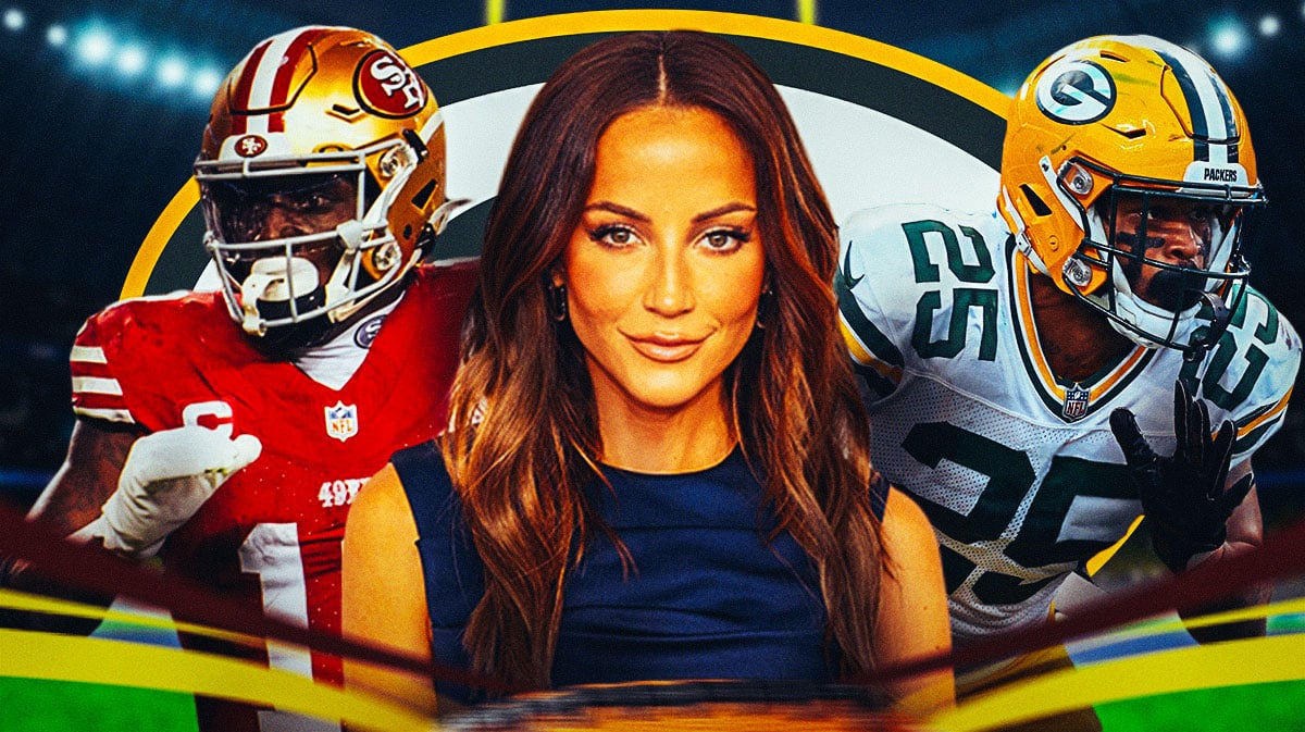 Green Bay Packers defensive back Keisan Nixon with San Francisco 49ers wide receiver Deebo Samuel and American sports commentator Kay Adams. There is also a logo for the Green Bay Packers.