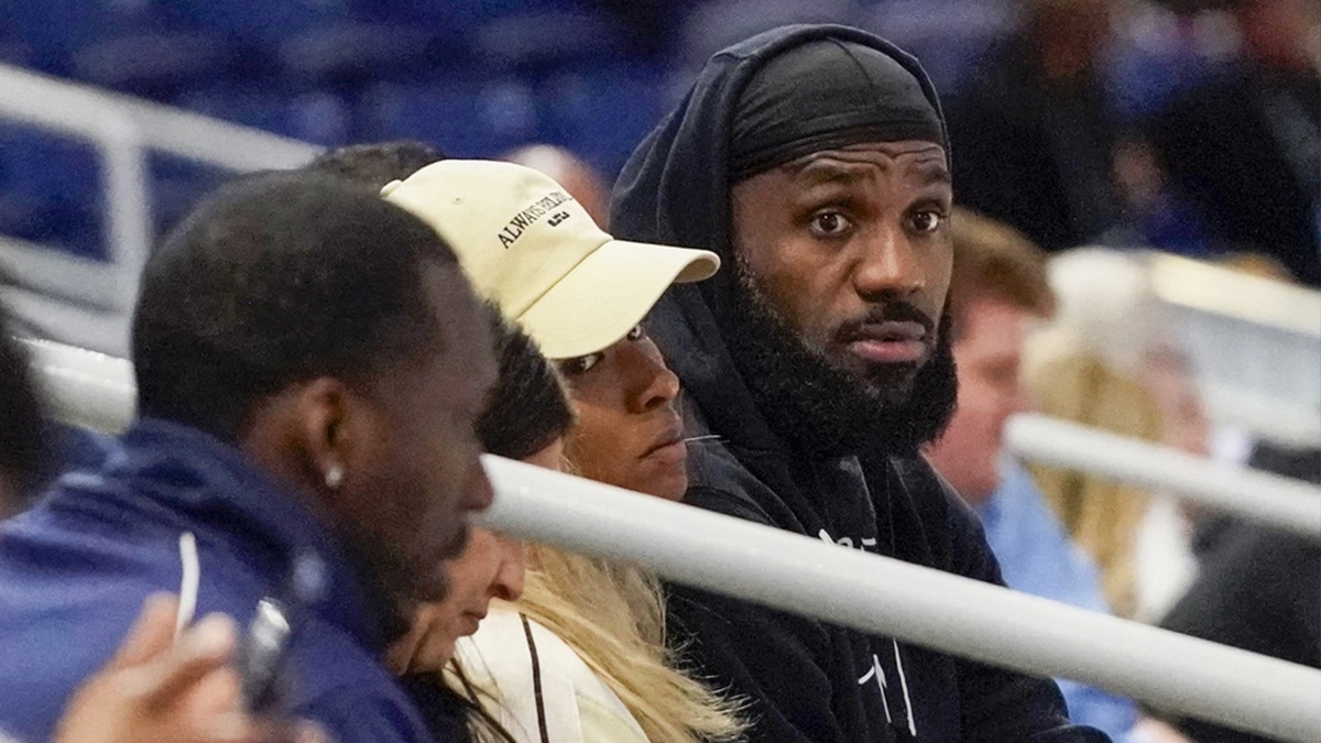 May 15, 2024; Chicago, IL, USA; LeBron James and his wife Savannah Brinson watch Bronny James participate in the 2024 NBA Draft Combine at Wintrust Arena. Mandatory Credit: David Banks-USA TODAY Sports