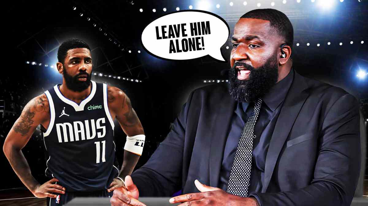 Kyrie Irving and Kendrick Perkins side-by-side. Kendrick Perkins speech bubble: "Leave him alone!"