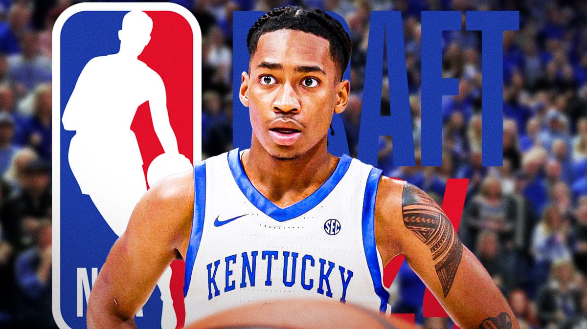 Kentucky basketball's Rob Dillingham in front of the NBA Draft logo