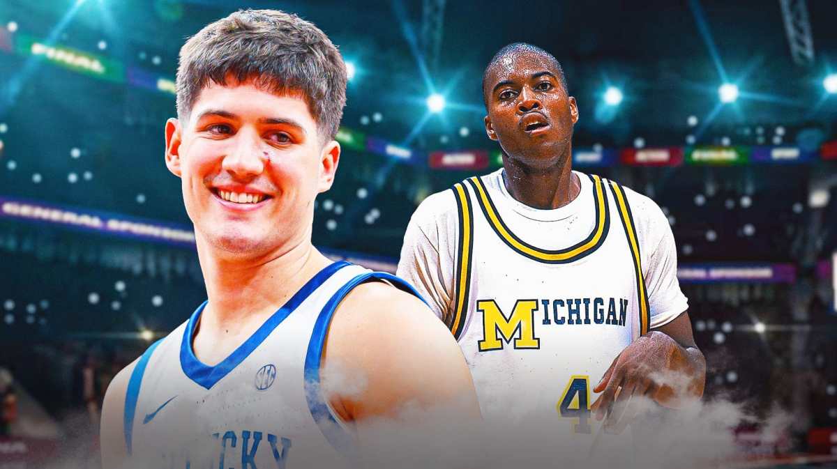 Kentucky's Reed Sheppard smiling, with 1989 Glen Rice (Michigan) beside Sheppard