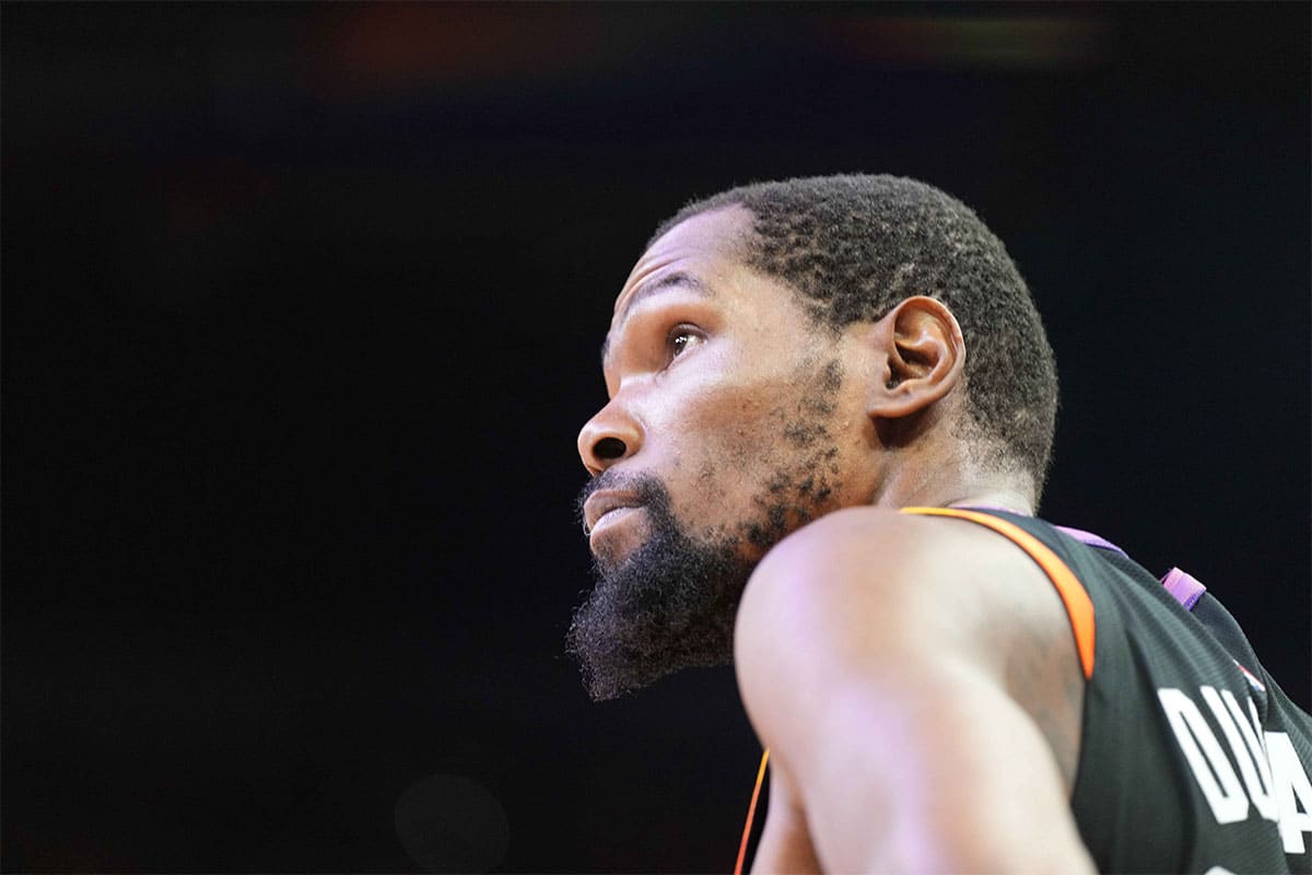 Phoenix Suns forward Kevin Durant (35) looks on against the Minnesota Timberwolves during the second half of game three of the first round for the 2024 NBA playoffs at Footprint Center.
