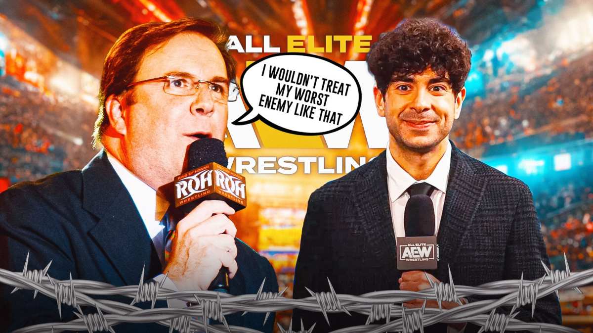 Wrestling announcer Kevin Kelly with a text bubble reading "I wouldn't treat my worst enemy like that" next to Tony Khan with the AEW logo as the background.