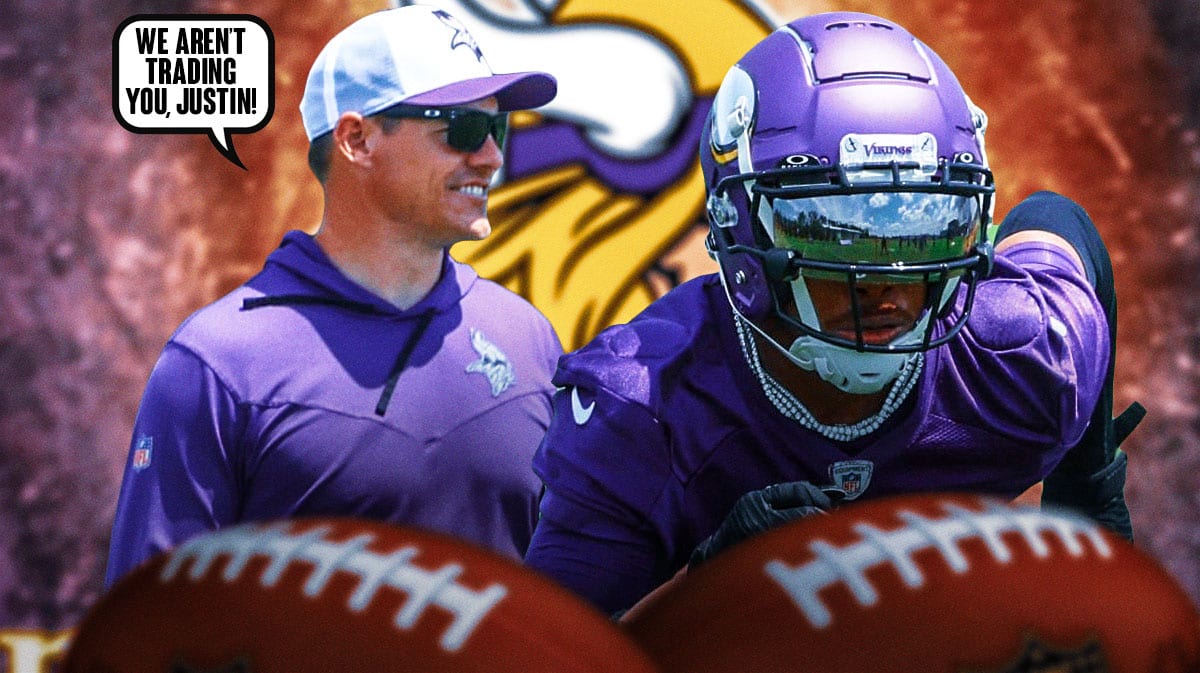 Minnesota Vikings WR Justin Jefferson with head coach Kevin O’Connell. O’Connell has a speech bubble that says “We aren’t trading you, Justin!” There is also a logo for the Minnesota Vikings.