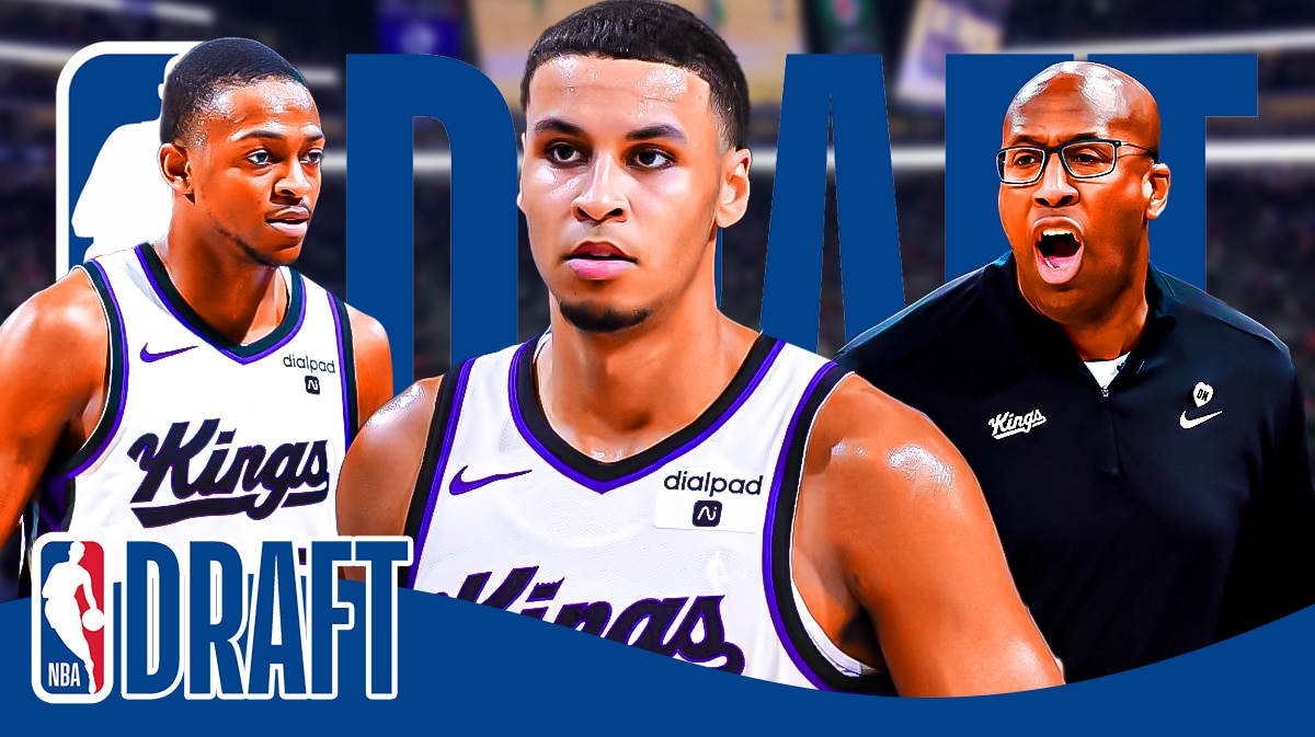 De'Aaron Fox, Keegan Murray and Kings head coach Mike Brown with the Kings arena and NBA Draft logos in the background, pick
