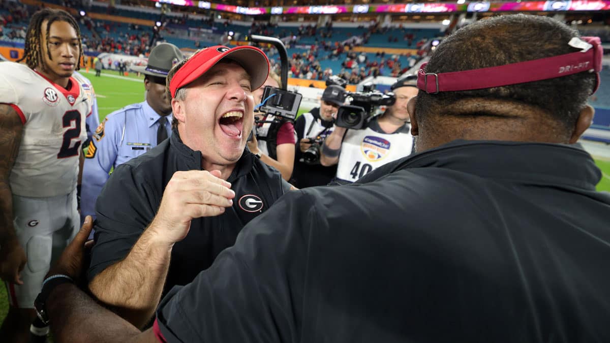 Georgia Bulldogs head coach Kirby Smart reacts after defeating the Florida State Seminoles in the 2023 Orange Bowl at Hard Rock Stadium.