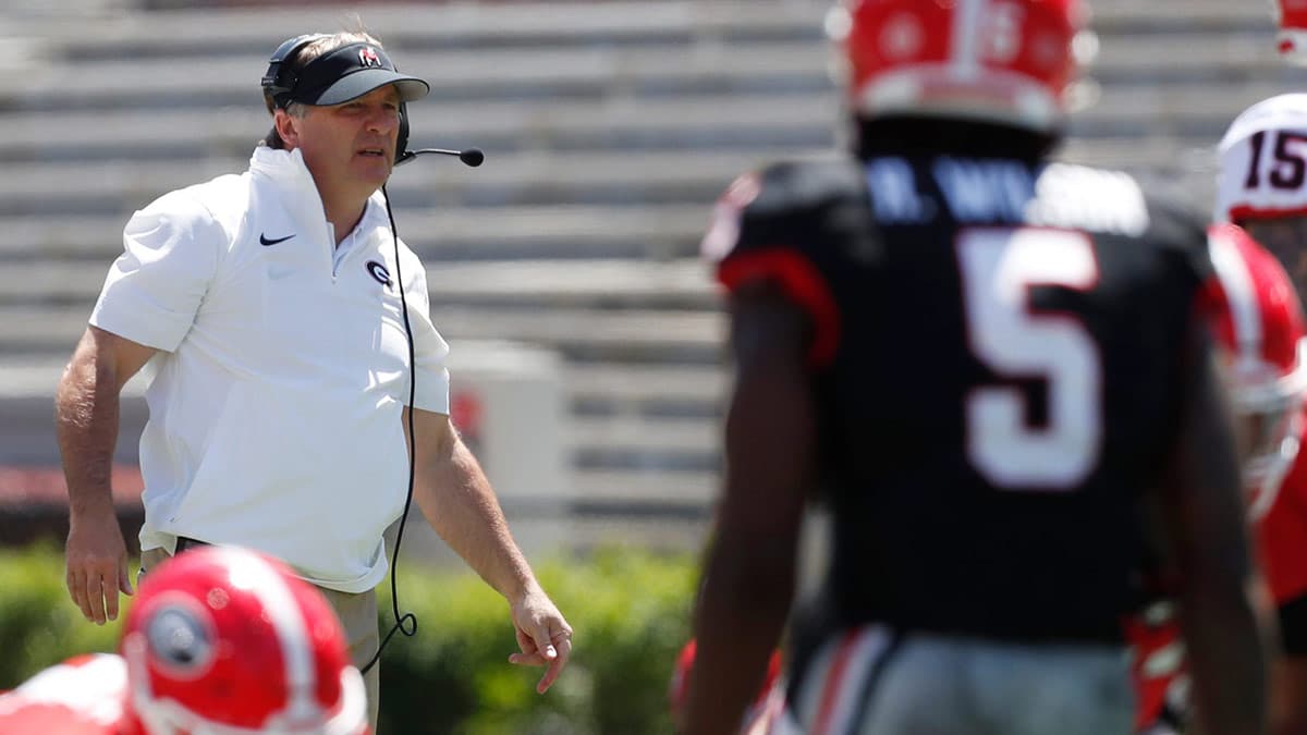 Georgia coach Kirby Smart looks on during the G-Day spring football game