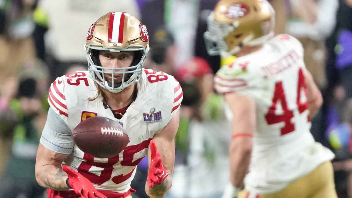 San Francisco 49ers tight end George Kittle (85) makes a catch against the Kansas City Chiefs during the fourth quarter of Super Bowl LVIII at Allegiant Stadium.