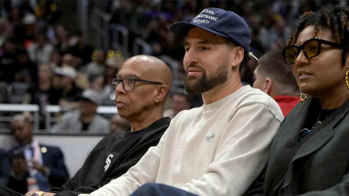 Former NBA player Mychal Thompson and his son Golden State Warriors Klay Thompson attend the game between the Los Angeles Sparks and the Indiana Fever at Crypto.com Arena.