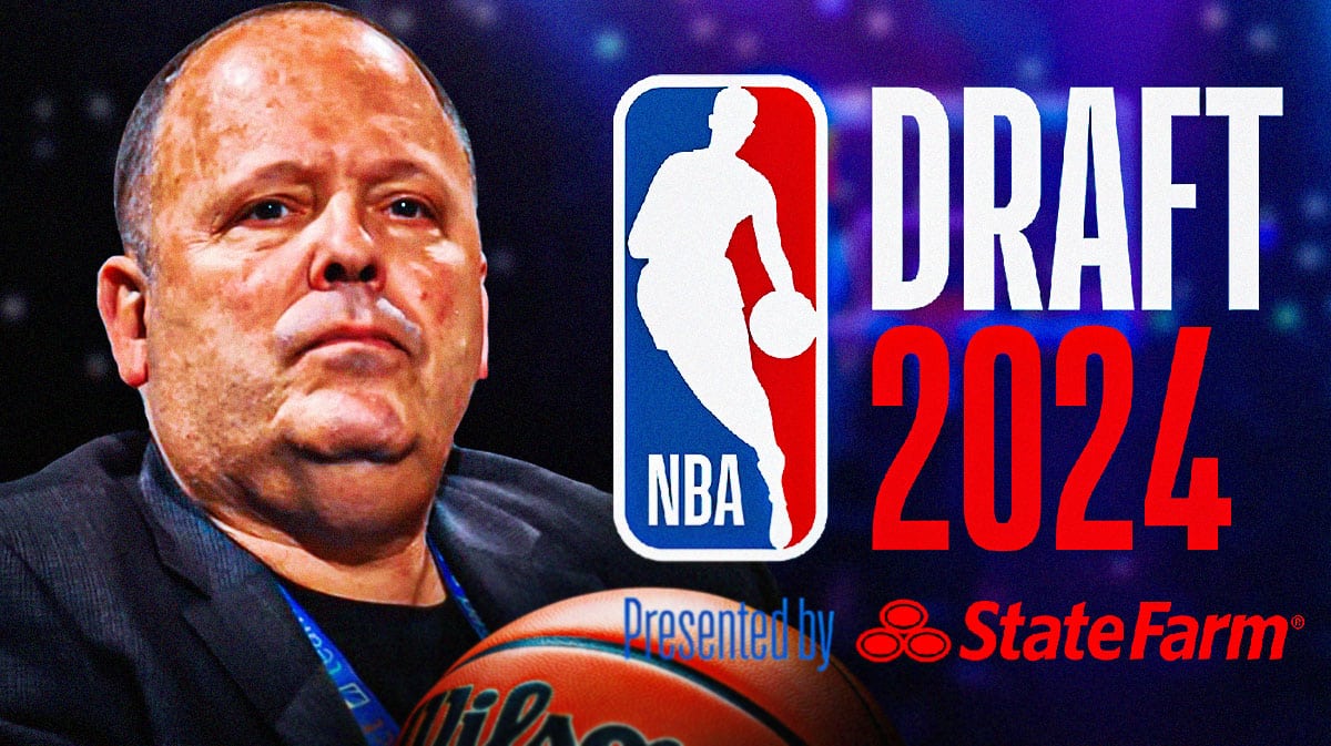 Knicks' Leon Rose next to 2024 NBA Draft logo