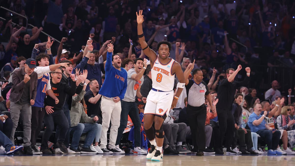 New York Knicks forward OG Anunoby (8) celebrates his three point shot against the Indiana Pacers during the first quarter of game seven of the second round of the 2024 NBA playoffs at Madison Square Garden.