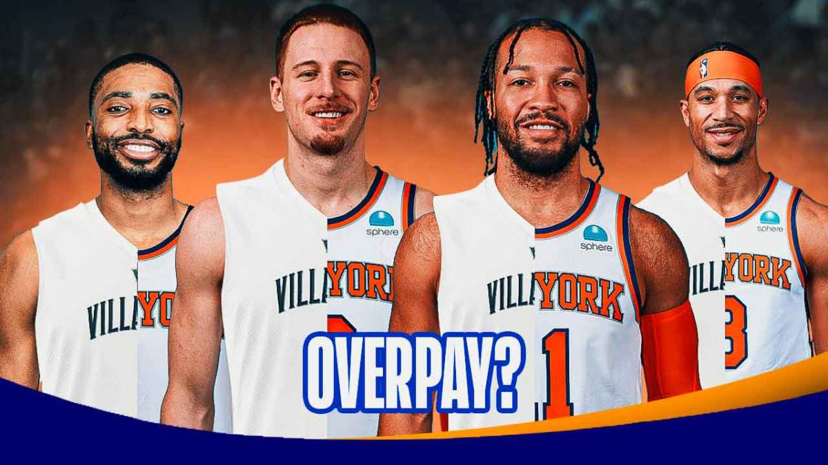 Mikal Bridges in a half Villanova/Knicks uni, with Jalen Brunson, Donte DiVincenzo, and Josh Hart around him in a half Villanova/Knicks uni as well, with caption below: OVERPAY?