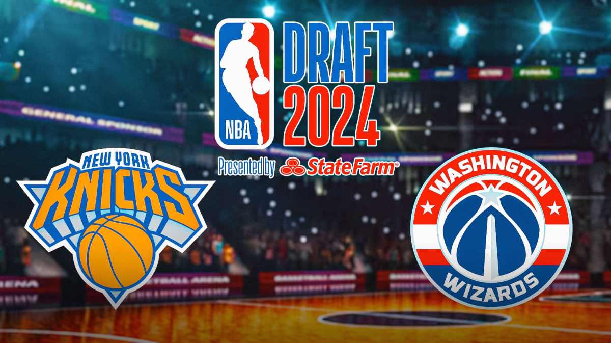 Knicks logo sits next to Wizards logo, NBA Draft logo in the middle, Thunder players, Mikal Bridges sit in stands