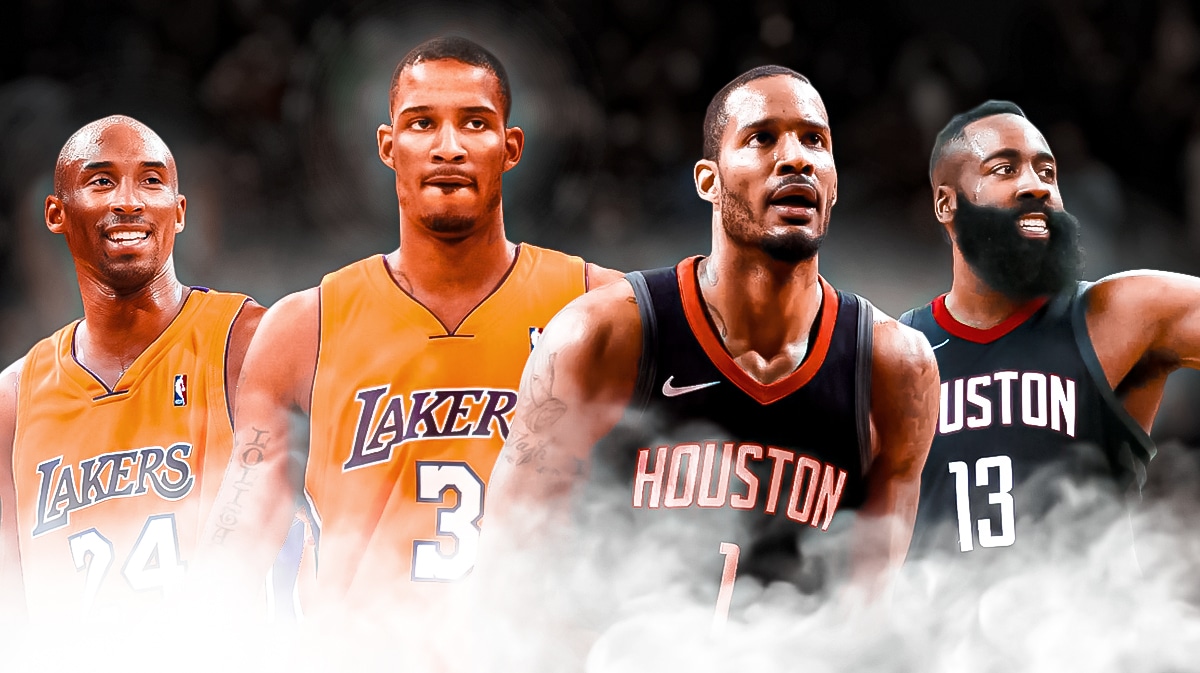 Lakers' Kobe Bryant with Trevor Ariza (2009 championship version), with a picture of Ariza with James Harden, 2018 Rockets version