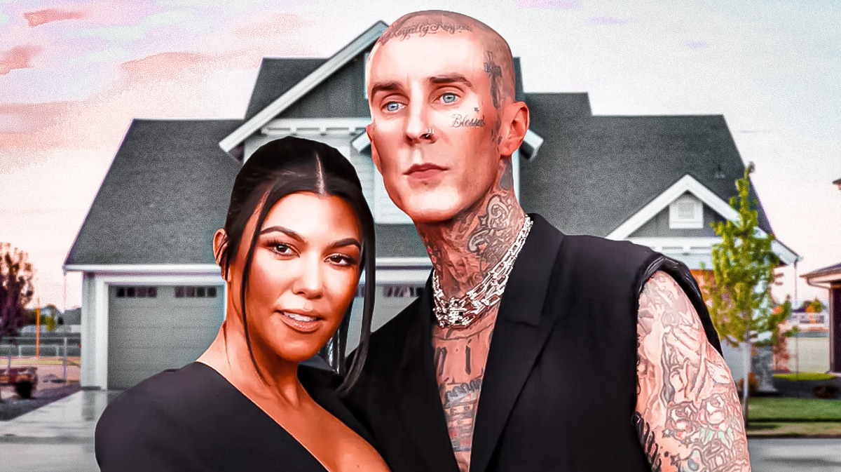 Kourtney Kardashian and Travis Barker with a house behind them