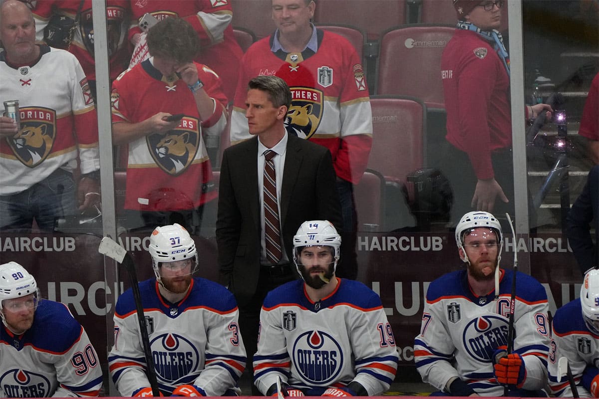 Edmonton Oilers head coach Kris Knoblauch reacts during the third period against the Florida Panthers in game one of the 2024 Stanley Cup Final at Amerant Bank Arena.