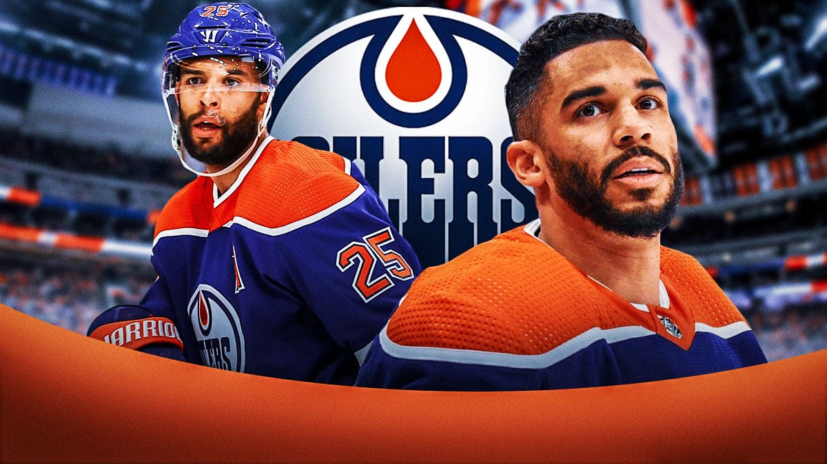 Evander Kane and Darnell Nurse both in image looking stern, Edmonton Oilers logo in middle, hockey rink in background