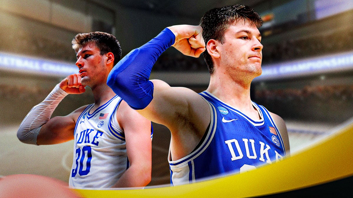 Duke basketball star Kyle Filipowski in front of Cameron Indoor Stadium.