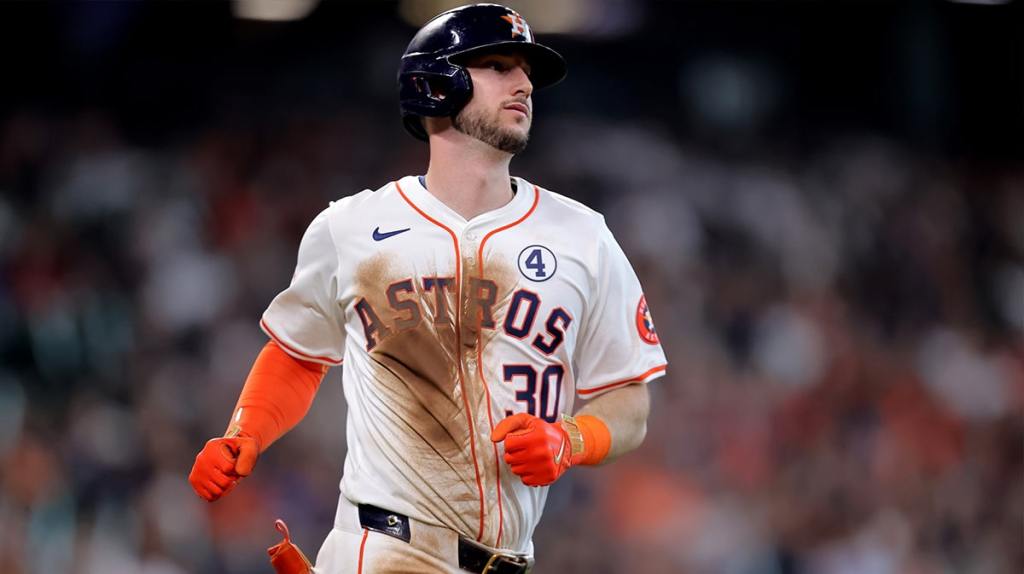 Houston Astros designated hitter Kyle Tucker (30) runs to first base after hitting a single against the Minnesota Twins during the third inning at Minute Maid Park.