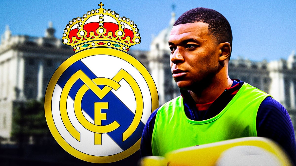 Kylian Mbappe in front of a Mansion and the Real Madrid logo in the sky