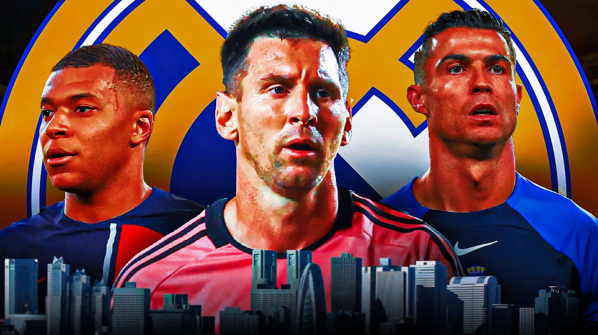 Kylian Mbappe, Lionel Messi, Cristiano Ronaldo in front of the Real Madrid logo