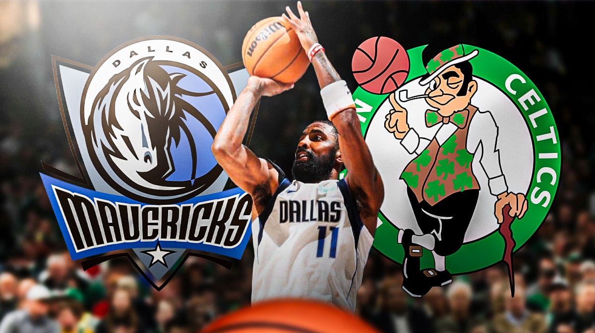 Mavericks' Kyrie Irving in front shooting a basketball. Place the Mavericks' 2024 logo and Celtics' 2024 logo in background.