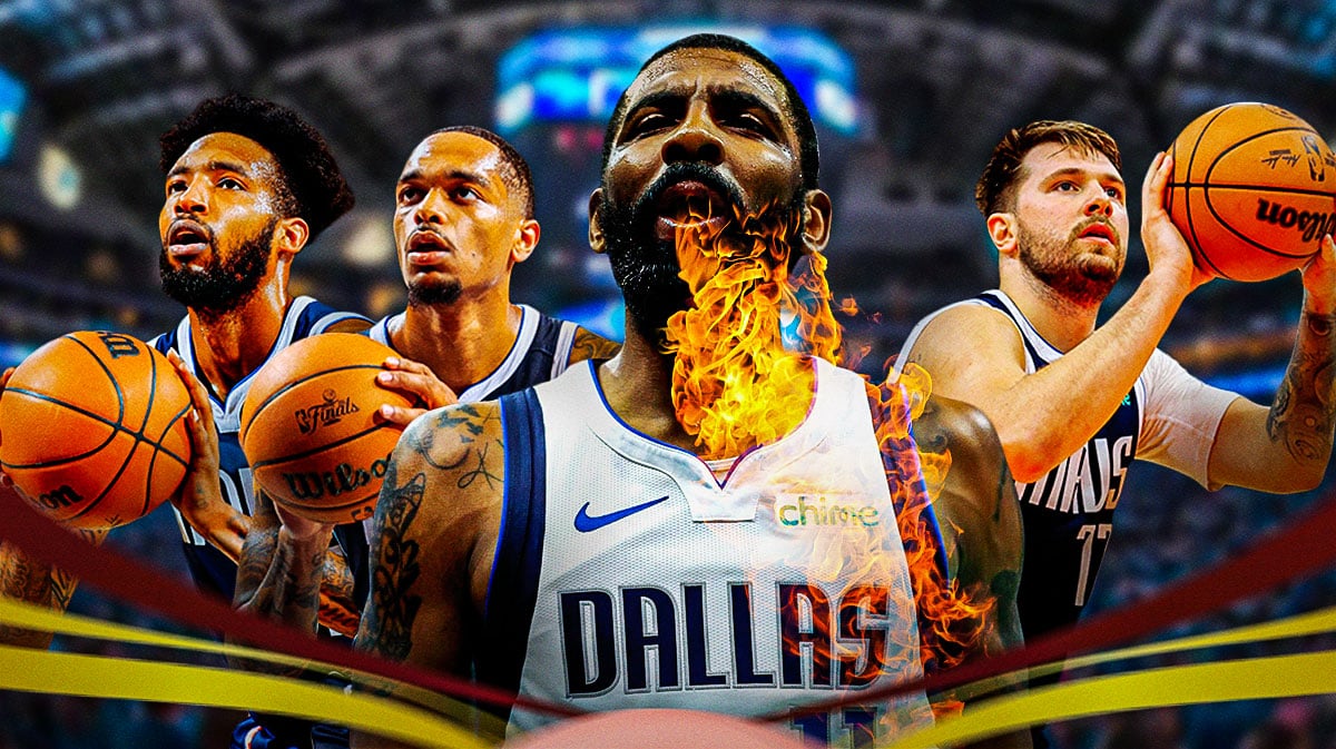 Mavericks Kyrie Irving breathing fire in front. Mavericks PJ Washington, Mavericks Derrick Jones Jr, Mavericks Luka Doncic shooting basketballs in background.
