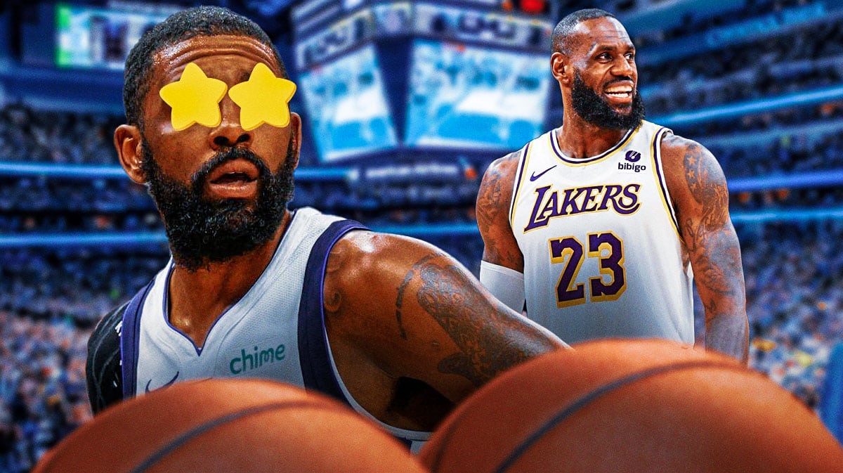 Mavs Kyrie Irving looking at Lakers star LeBron James.