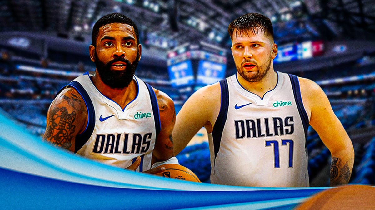 Kyrie Irving and Luka Doncic with American Airlines Center in background