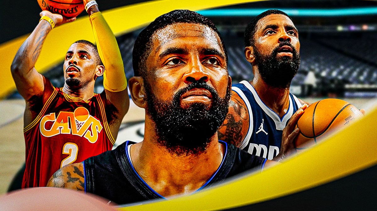 Mavericks' Kyrie Irving close-up image, have Kyrie looking serious. In background, place Mavericks' Kyrie Irving on left shooting a basketball. On right, place Cavaliers' Kyrie Irving (2016 image) shooting a basketball.