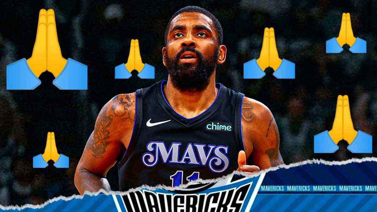 Mavericks' Kyrie Irving smiling with prayer hands emoji all over him