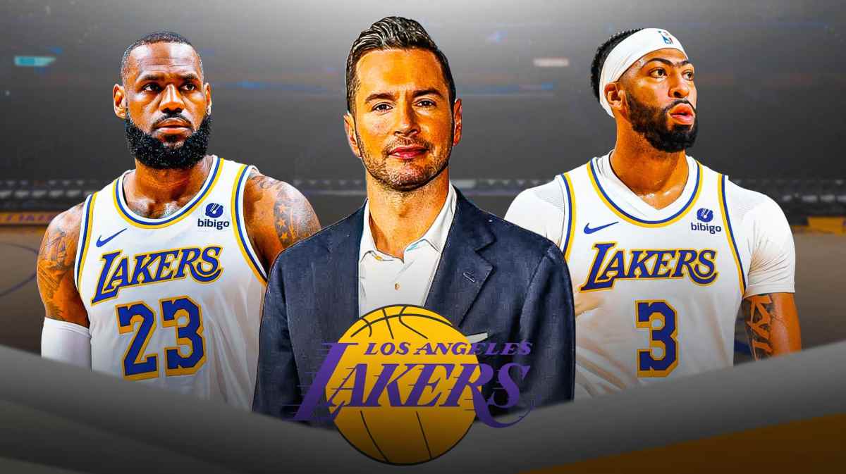 JJ Redick next to LeBron James, Anthony Davis with Lakers logo on side.