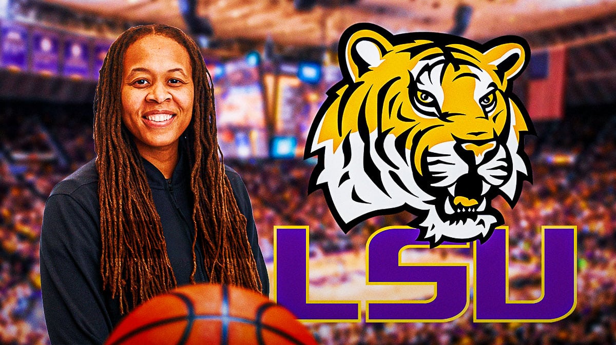 Seimone Augustus, the LSU logo in the background