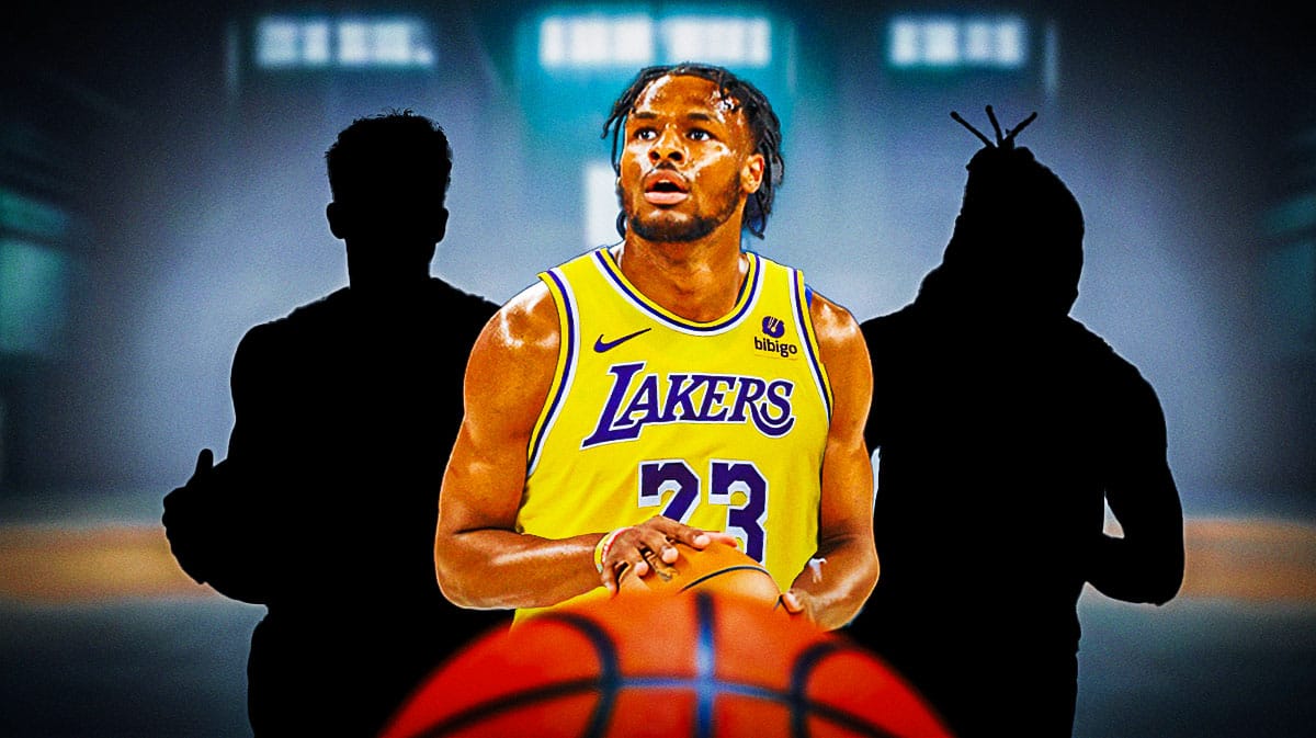 Bronny James in a Lakers jersey in the middle with a silhouette of Isaiah Collier on one side and a silhouette of Tristan Da Silva on the other and 2024 NBA Draft background.