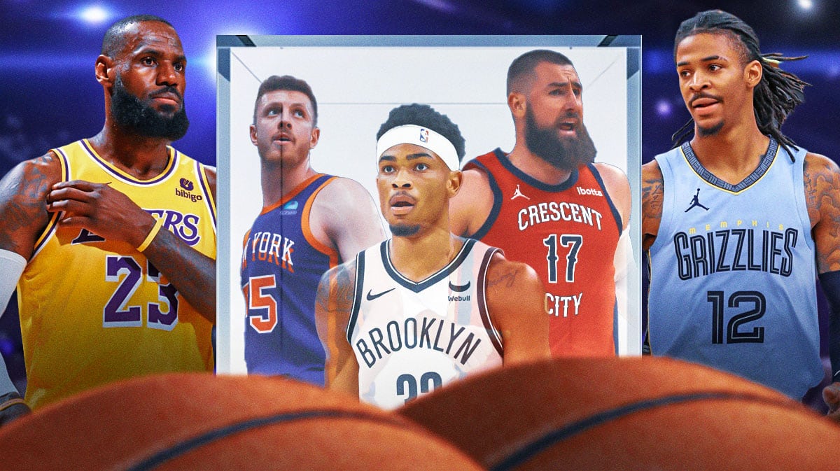 Lakers' LeBron James and Grizzlies' Ja Morant looking at centers.