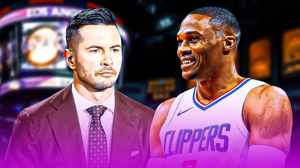 Los Angeles Lakers head coaching candidate JJ Redick and Russell Westbrook in front of Crypto.com Arena.
