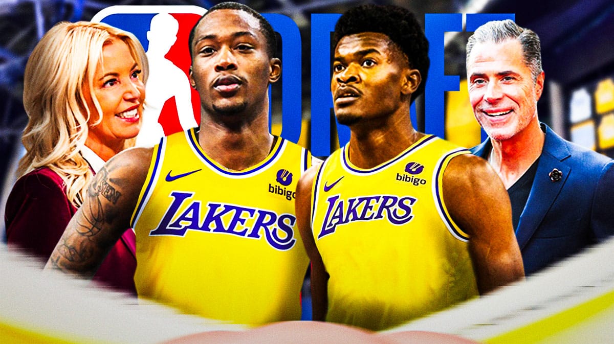 Photo: Ron Holland, Yves Missi both in Lakers jerseys, 2024 NBA Draft logo, Jeannie Buss and Rob Pelinka in background too