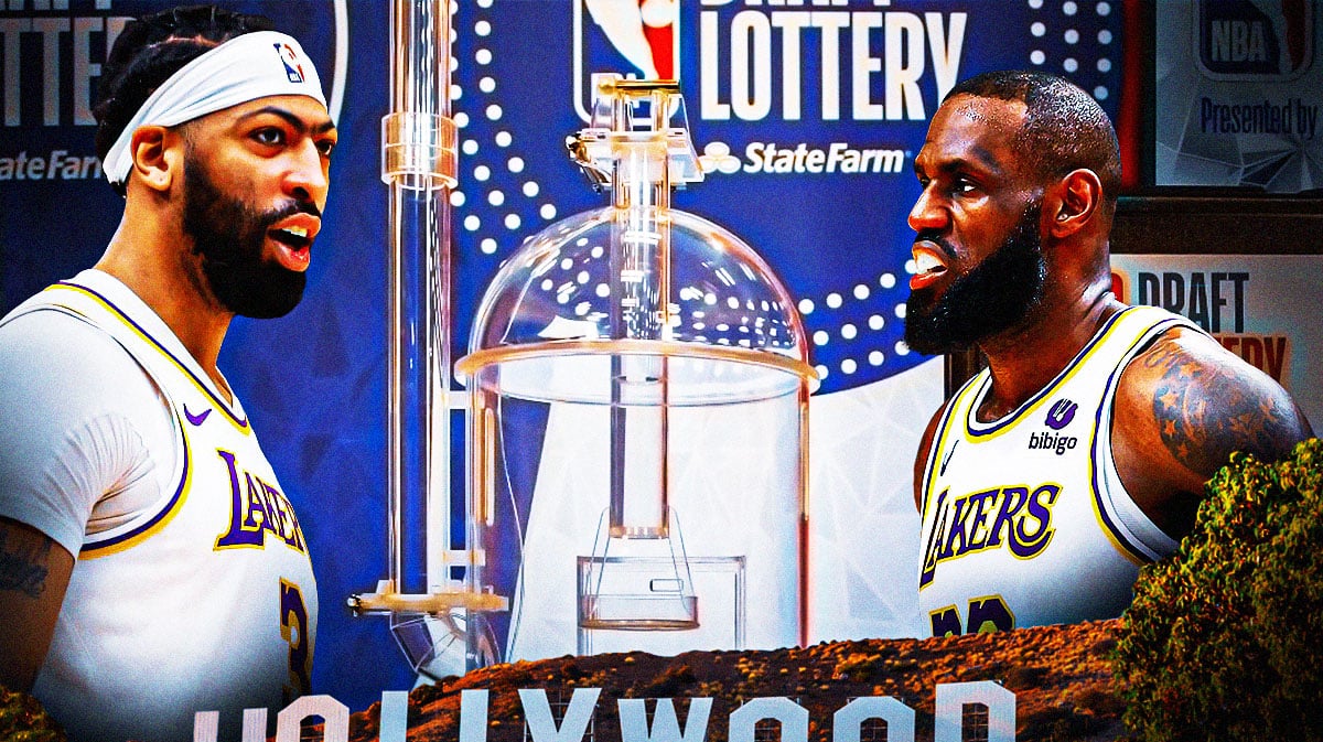 Lakers' Anthony Davis and LeBron James holding the NBA Draft lottery machine, with NBA Draft in the background