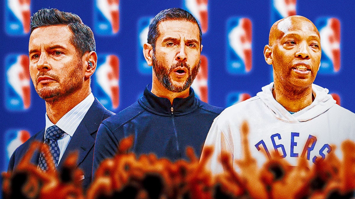 JJ Redick, James Borrego, and Sam Cassell all stand next to each other