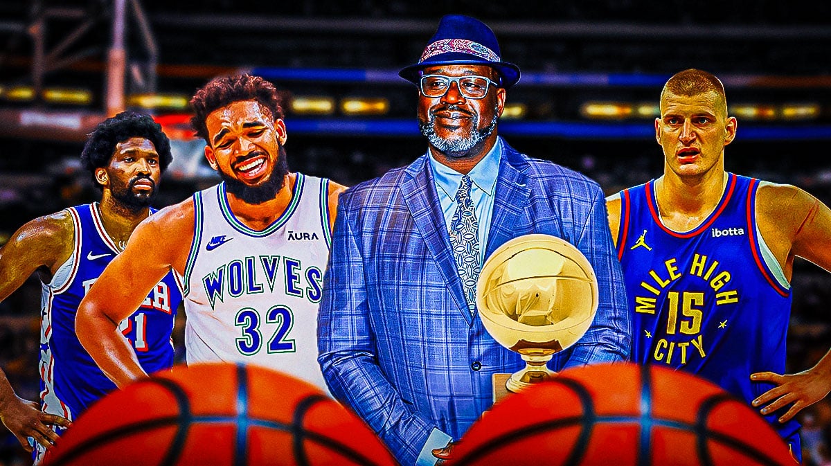 Shaquille O'Neal holding a three-point contest trophy, with 76ers' Joel Embiid, Timberwolves' Karl-Anthony Towns, and Nuggets' Nikola Jokic beside him