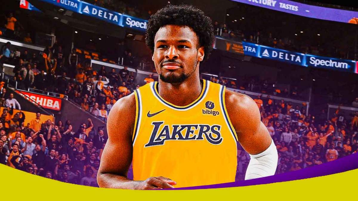 Bronny James in a generic Lakers jersey wit the Lakers arena in the background