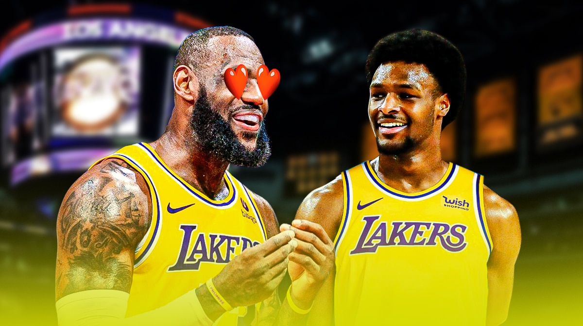 LeBron James (Lakers) with hearts on eyes, Bronny James beside his dad