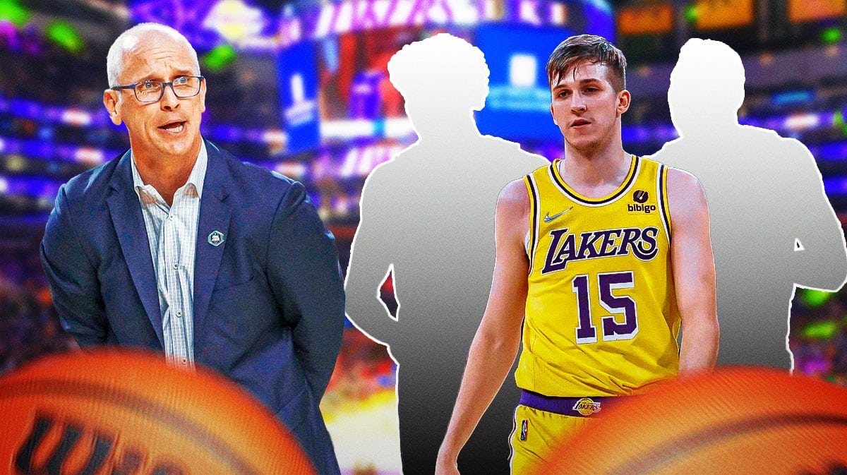 Dan Hurley looking at Lakers' Austin Reaves, with silhouettes of Max Christie and Rui Hachimura beside Reaves.